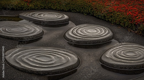 Elegant, dark gray stone stepping stones in a garden water feature.