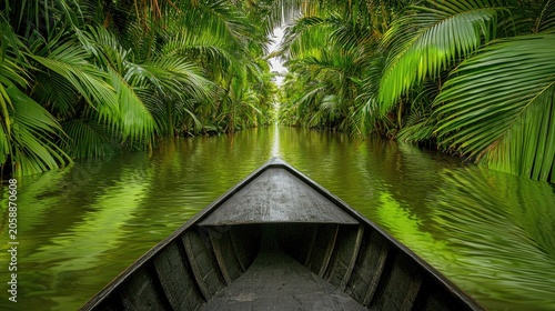 Lush tropical waterway seen from inside a small boat.
