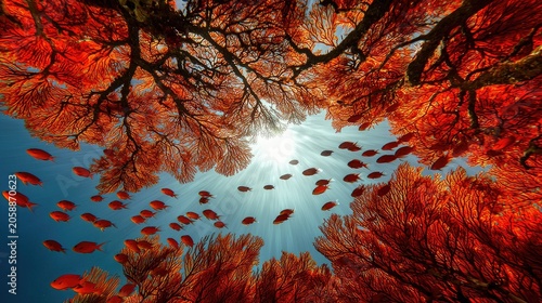 Vibrant underwater scene with orange foliage and fish.