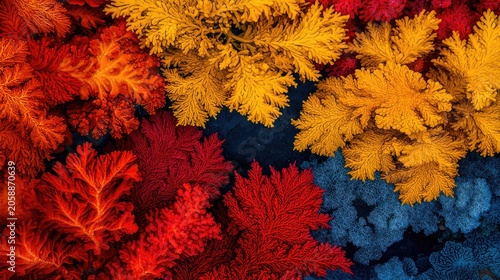 Vibrant colorful intricate plant-like structures arranged in a patterned design.