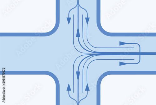 Technical schematic diagram showing the directional flow of liquid or air through a complex pipe junction with arrows.