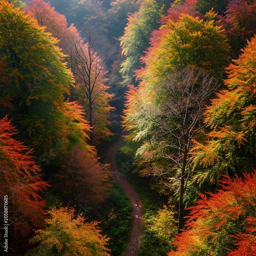 Winding forest path in vibrant autumn foliage, bathed in soft, glowing light