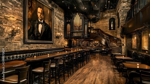 Interior of a richly decorated, dimly lit bar and restaurant.
