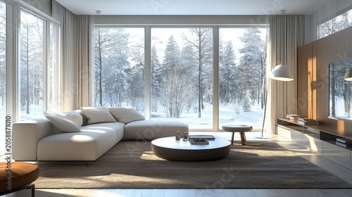 Modern living room with panoramic winter scenery.