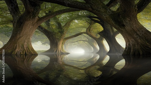 Lush, intertwining trees reflected in a tranquil water surface.