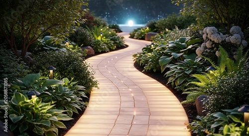 Winding illuminated garden path with lush greenery, leading to a serene glowing horizon