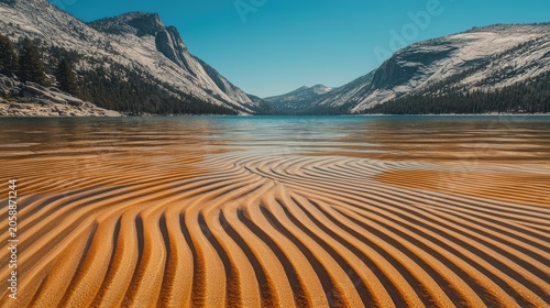 Serene lake shore with intricate sand patterns and majestic mountains.