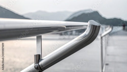 Close-up of a Modern Stainless Steel Handrail with a Scenic Mountain Background.