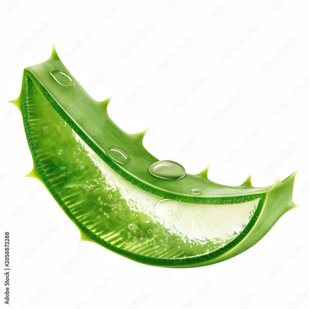 Fototapeta premium Fresh Aloe Vera Leaf Segment with Clear Gel and Water Drops Isolated on Transparent Background