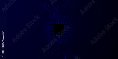 Abstract dark blue technology background featuring a central microchip silhouette and glowing printed circuit board (PCB) traces. Perfect for tech, AI, cyber security, and digital hardware concepts.
