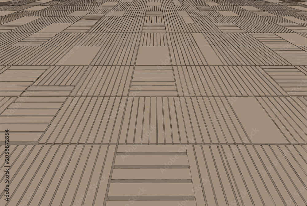 Fototapeta premium Abstract perspective view of a wooden parquet floor pattern with fine textures and lines in warm brown tones creates a modern interior feel.