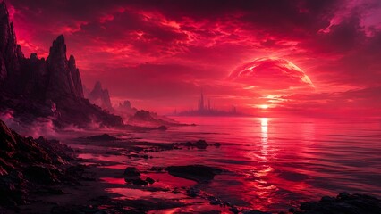 Papier peint photo Bordeaux Spectacular alien landscape digital art showing a colossal planet setting over a futuristic coastal city with red clouds. Great for science fiction novels, gaming graphics, and movie posters.  © Pro Clipart