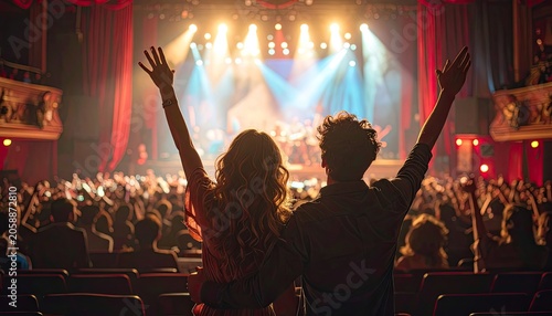 Couple Enjoying a Live Concert Performance with Arms Raised in Excitement.