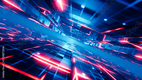 Valokuva Complex network grid conveying digital information, illuminated by vibrant light