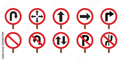 Fotografie Set of ten traffic prohibition and mandatory direction road signs