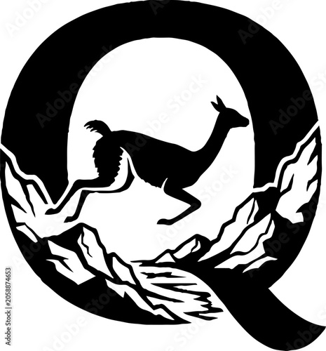 Silhouette of a Running Llama in Mountainous Terrain.