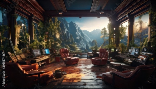 Cozy Mountain View Living Room with Lush Greenery and Technology.