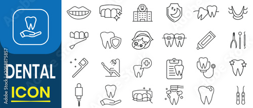Dental icon set. Dental care and oral hygiene editable icon. Thin line icon of dental care, health care, dentistry equipment, shiny tooth, oral hygiene brush, damaged mint gum. Vector illustration.