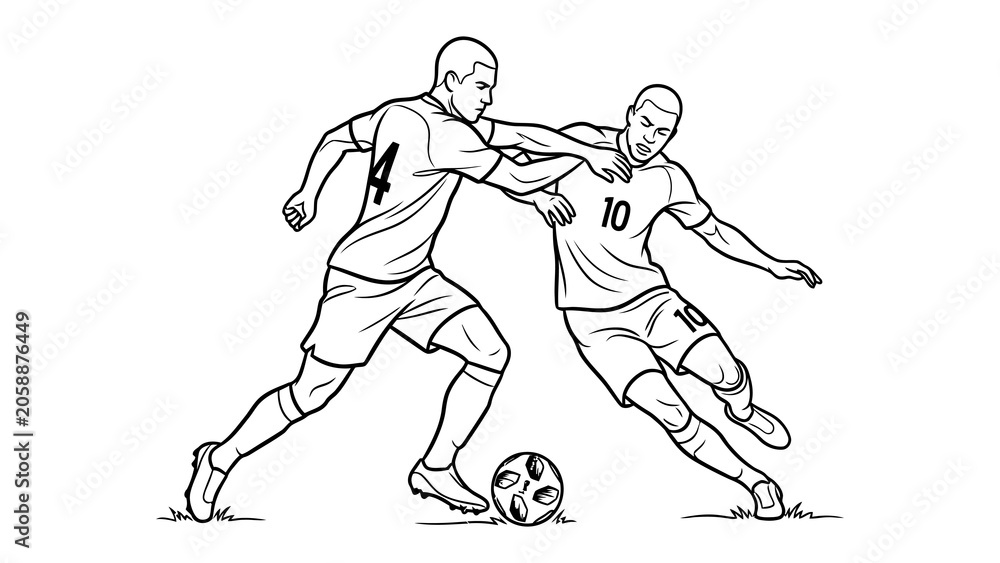 Fototapeta premium Soccer players coloring page illustration showing athletes competing on the field.
