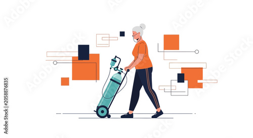 Active Senior Woman with Portable Oxygen Tank and Medical Equipment