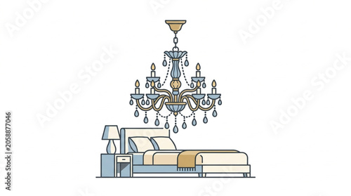 Elegant bedroom with crystal chandelier and bedside lamp.