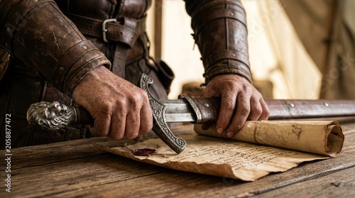 Ancient Commander Planning Military Strategy on Old Map with Sword and Scroll