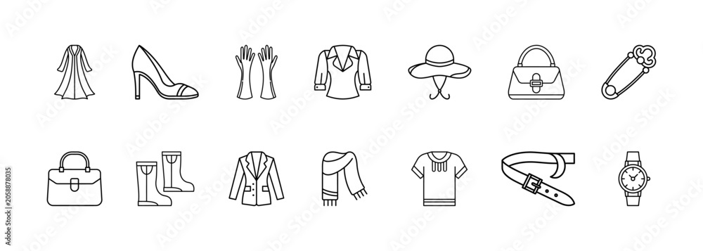 Fototapeta premium Fashion and clothing collection. Fashion-related apparel symbols featuring dress, high heels, gloves, jacket, hat, handbag, baby pacifier, briefcase, boots, coat, scarf, t-shirt, belt, and wristwatch.