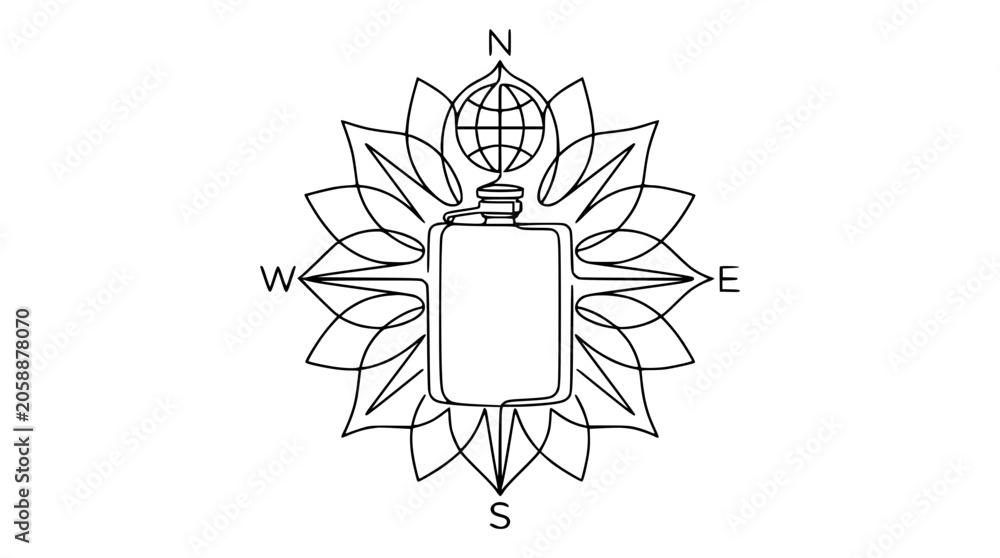Fototapeta premium Perfume Bottle Compass Globe Logo Line Art Continuous Drawing