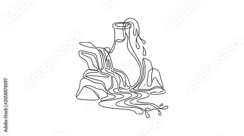 Minimalist Continuous Line Art: Waterfall Flowing from Vase into Abstract Waves