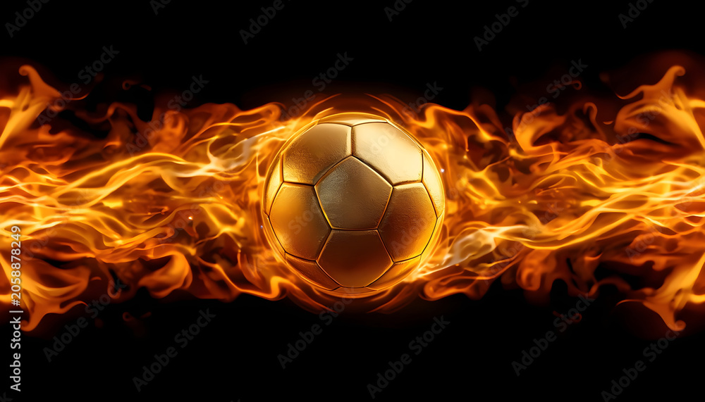 Fototapeta premium Fiery soccer ball dramatic sports concept with golden football and flames