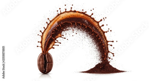 A coffee bean dramatically splashes into a curved arc of dark brown liquid, creating a shape resembling a gateway. Fine coffee grounds spill out from a pile at the base of the arc.
