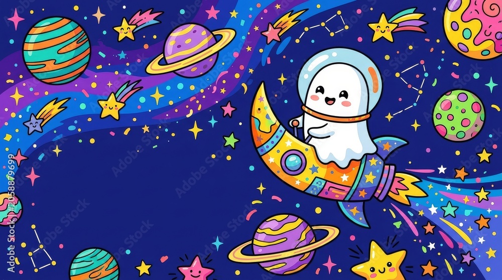 Naklejka premium Kawaii Ghost Astronaut Flying Rocket through Vibrant Space Galaxy