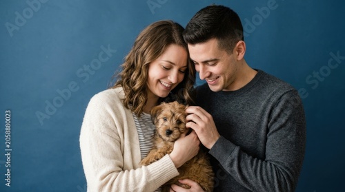 A smiling couple lovingly holds a small, fluffy puppy. The woman wears a cream-colored sweater, and the man wears a gray sweater.