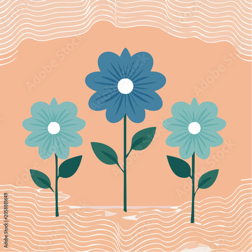 Flat design illustration of three blue and teal flowers with green