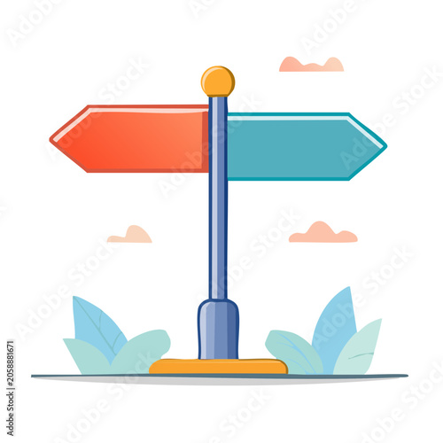Flat design signpost with two directional arrows and clouds