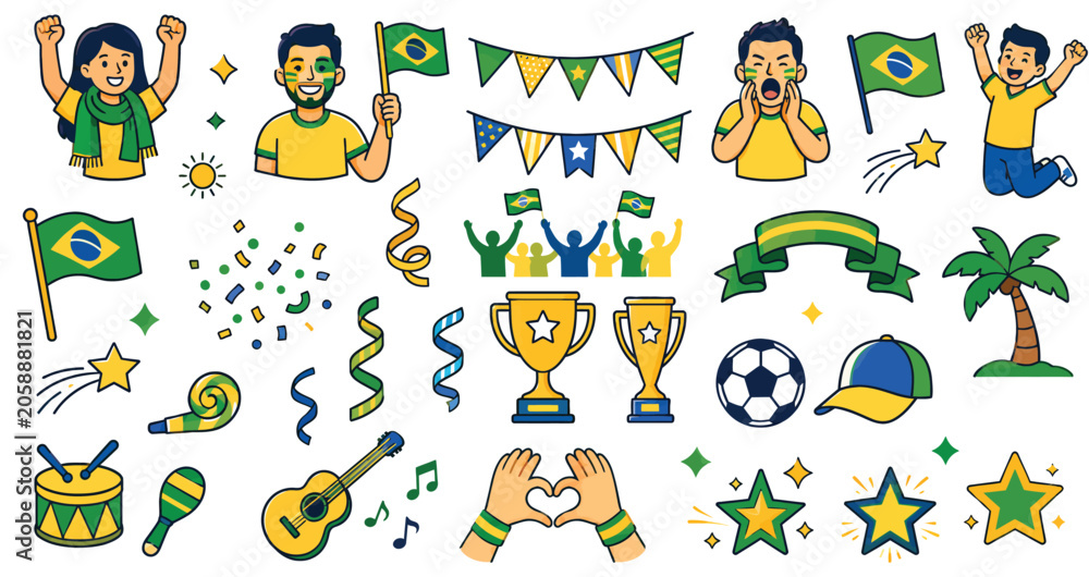Fototapeta premium Brazil Football Fan Celebration Icon Set – Flat Vector Collection with Flags, Trophies, Carnival Elements and Soccer Symbols