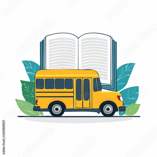 School Bus and Open Book Illustration