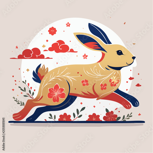 Stylized Rabbit with Floral Patterns and Clouds