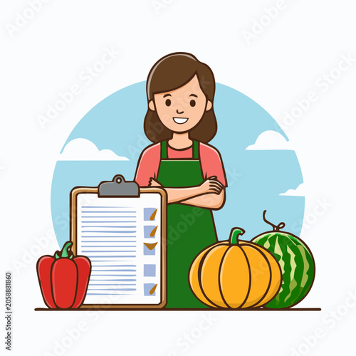 Woman with fresh produce and checklist