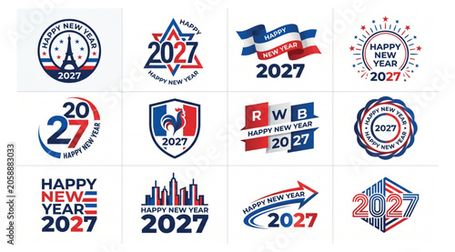 Tableau sur toile Happy new year 2027 vector logos featuring french landmarks and icons celebratio