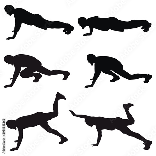 Vector silhouettes of man doing sport exercises down the floor isolated on white background. Icons of big boy doing fitness workout in different position.