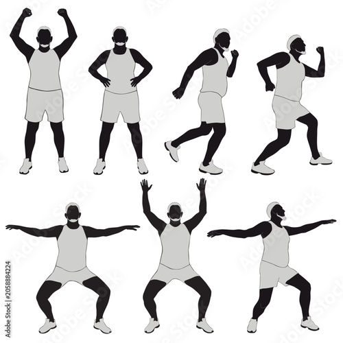 Vector silhouettes of big fat funny man in costume with beard stretching and worming up. Fitness boy icons isolated on white background.