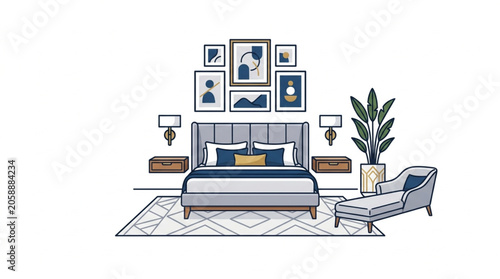 Fotografija Modern Bedroom Interior Design with Elegant Furniture and Artwork