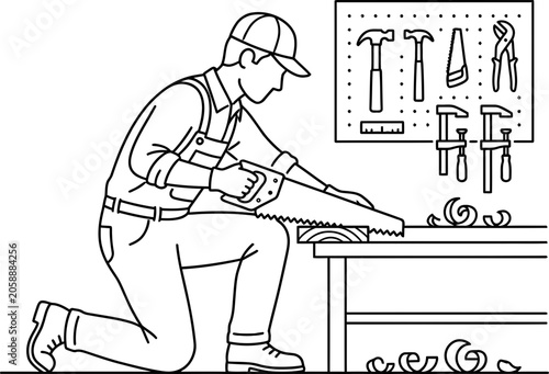 Cuadro en lienzo Carpenter Kneeling Sawing Wood with Tools and Wood Shavings Illustration