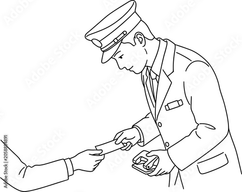 Foto Man in uniform gives business card, hand receiving, exchange, formal meeting, po