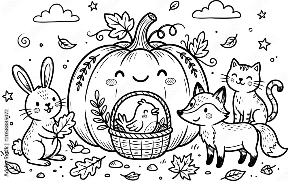 Fototapeta premium Black and white illustration of animals with a pumpkin and basket