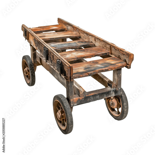 Weathered, rustic wooden cart with four small wheels, isolated on a transparent background.