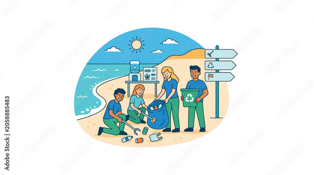 Obraz premium Volunteers cleaning beach, collecting trash for recycling, environmental care concept