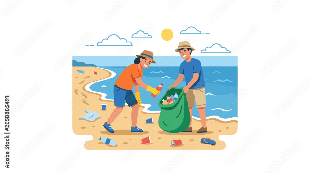Obraz premium Volunteers Cleaning Beach Litter: Environmental Protection and Sustainability