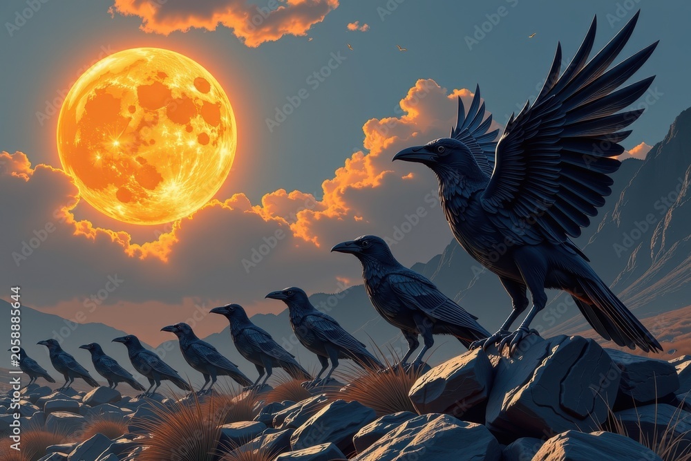 Obraz premium Crows stand on rocky terrain beneath a glowing, golden moon